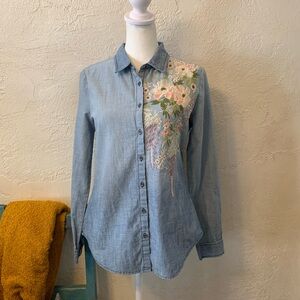 Sundance Embroidered Floral Long Sleeve Denim Blouse XS Button Boho Folkloric